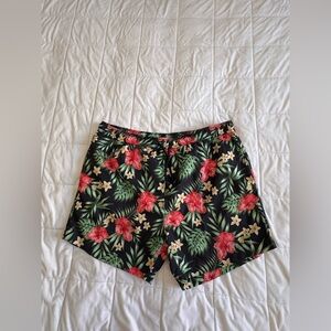 Black Floral Swim Shorts with Red Hibiscus